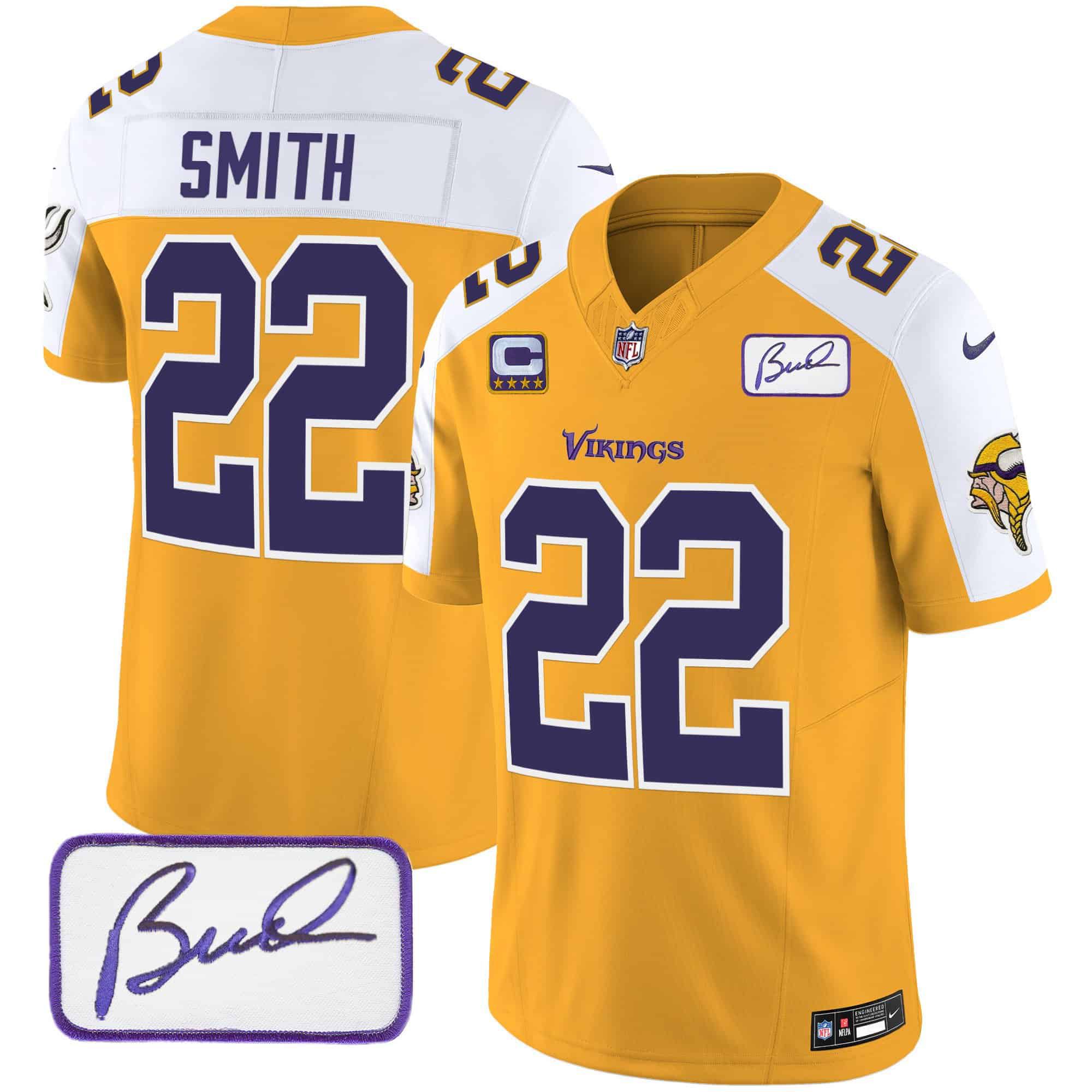 Men Minnesota Vikings #22 Smith Yellow 2024 Nike Bud Grant Patch Classic Limited NFL Jersey style 2